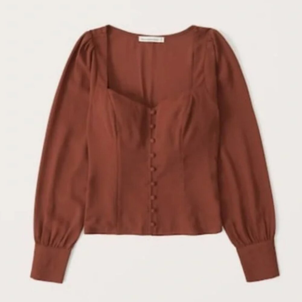 Abercrombie Long-Sleeve Button-Through v-neck Top in Paprika Red! Size L